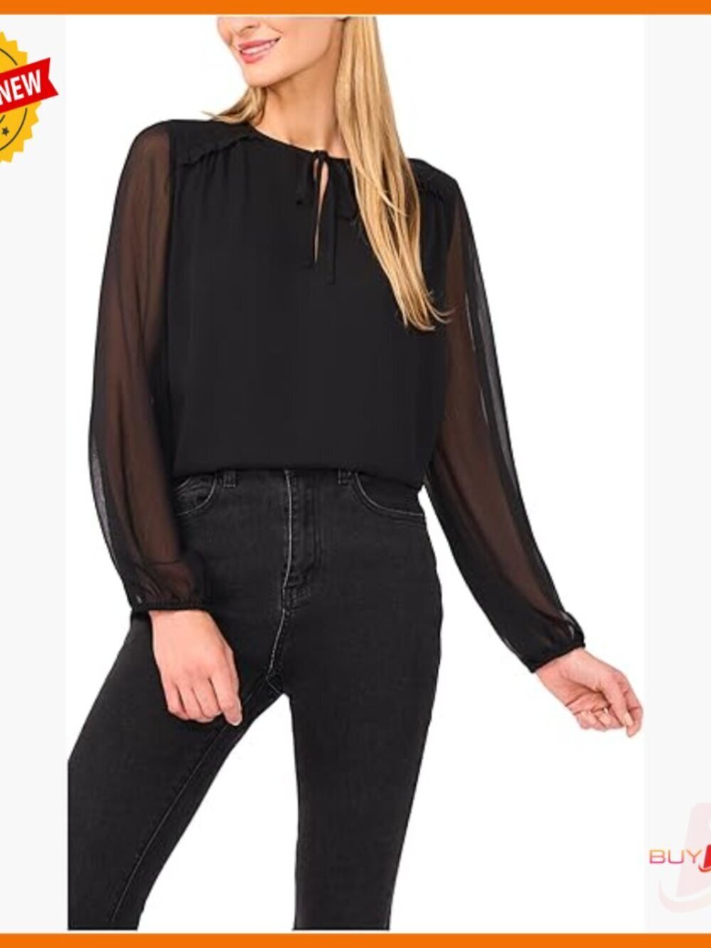 Long Sleeve Tie Neck Blouse with Ruffled Shoulders, Classic Fit